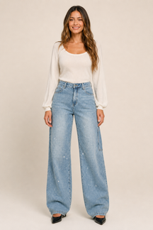 Calça Jeans Wide Leg Carpenter com Brilho - Bruges