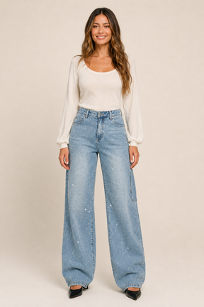 Calça Jeans Wide Leg Carpenter com Brilho - Bruges