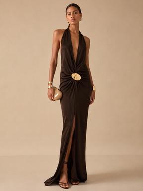 Vestido Feminino Longo Frente Única com Fenda e Fivela Dourada – Milão