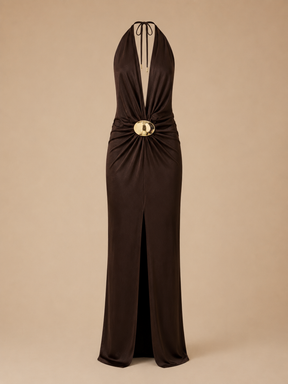 Vestido Feminino Longo Frente Única com Fenda e Fivela Dourada – Milão
