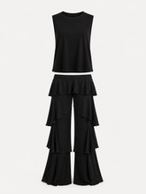 Conjunto Feminino Cropped e Calça Pantalona com Babados em Camadas – Noir