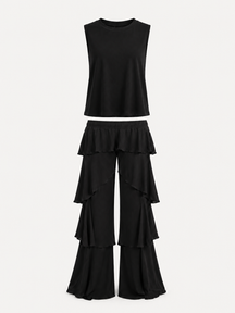 Conjunto Feminino Cropped e Calça Pantalona com Babados em Camadas – Noir