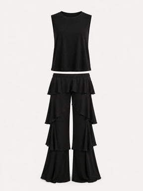 Conjunto Feminino Cropped e Calça Pantalona com Babados em Camadas – Noir