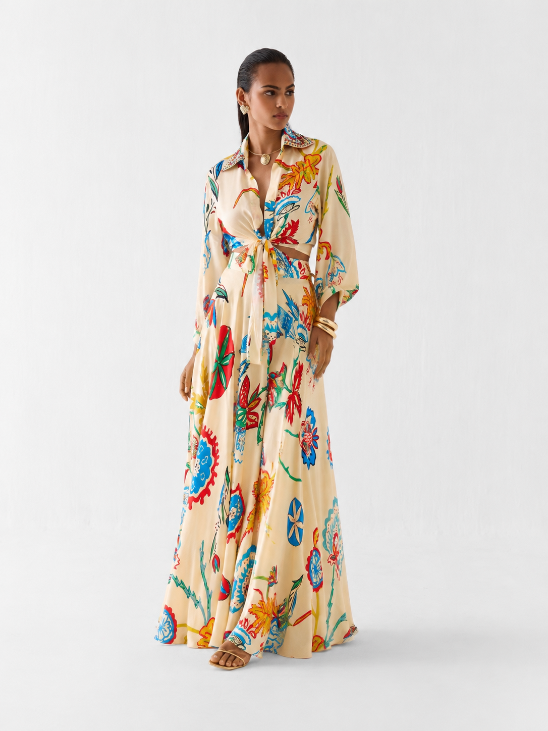 Conjunto Feminino Estampa Floral Colorida Camisa Cropped e Saia Longa - Cartagena