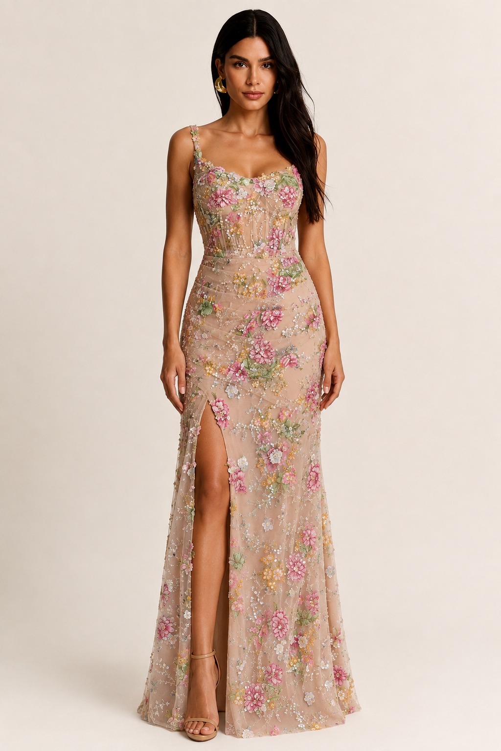 Vestido Longo de Festa Bordado com Flores 3D e Fenda - Verona