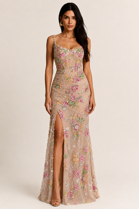 Vestido Longo de Festa Bordado com Flores 3D e Fenda - Verona