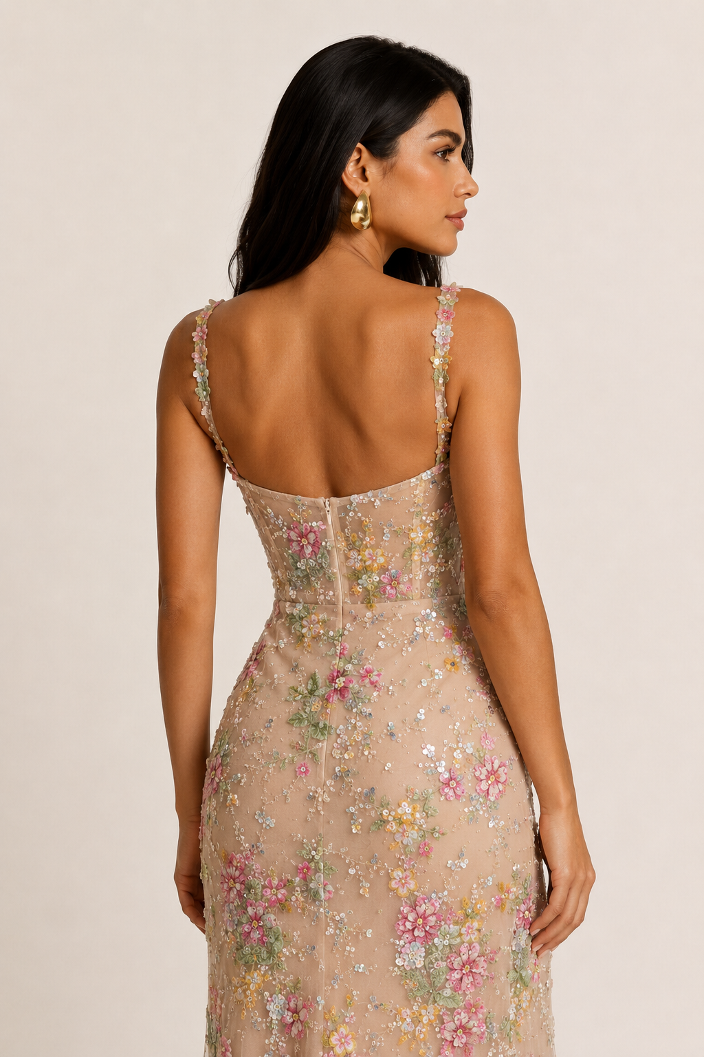 Vestido Longo de Festa Bordado com Flores 3D e Fenda - Verona
