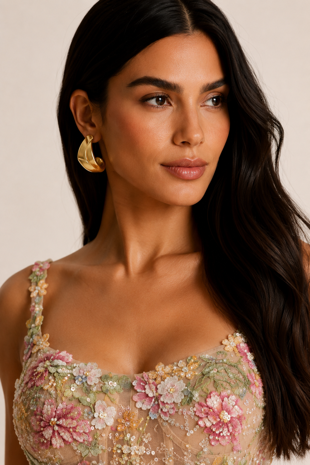 Vestido Longo de Festa Bordado com Flores 3D e Fenda - Verona