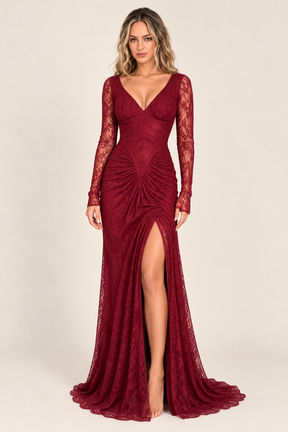 Vestido de Festa Longo Vinho de Renda Manga Longa com Fenda - Sevilha