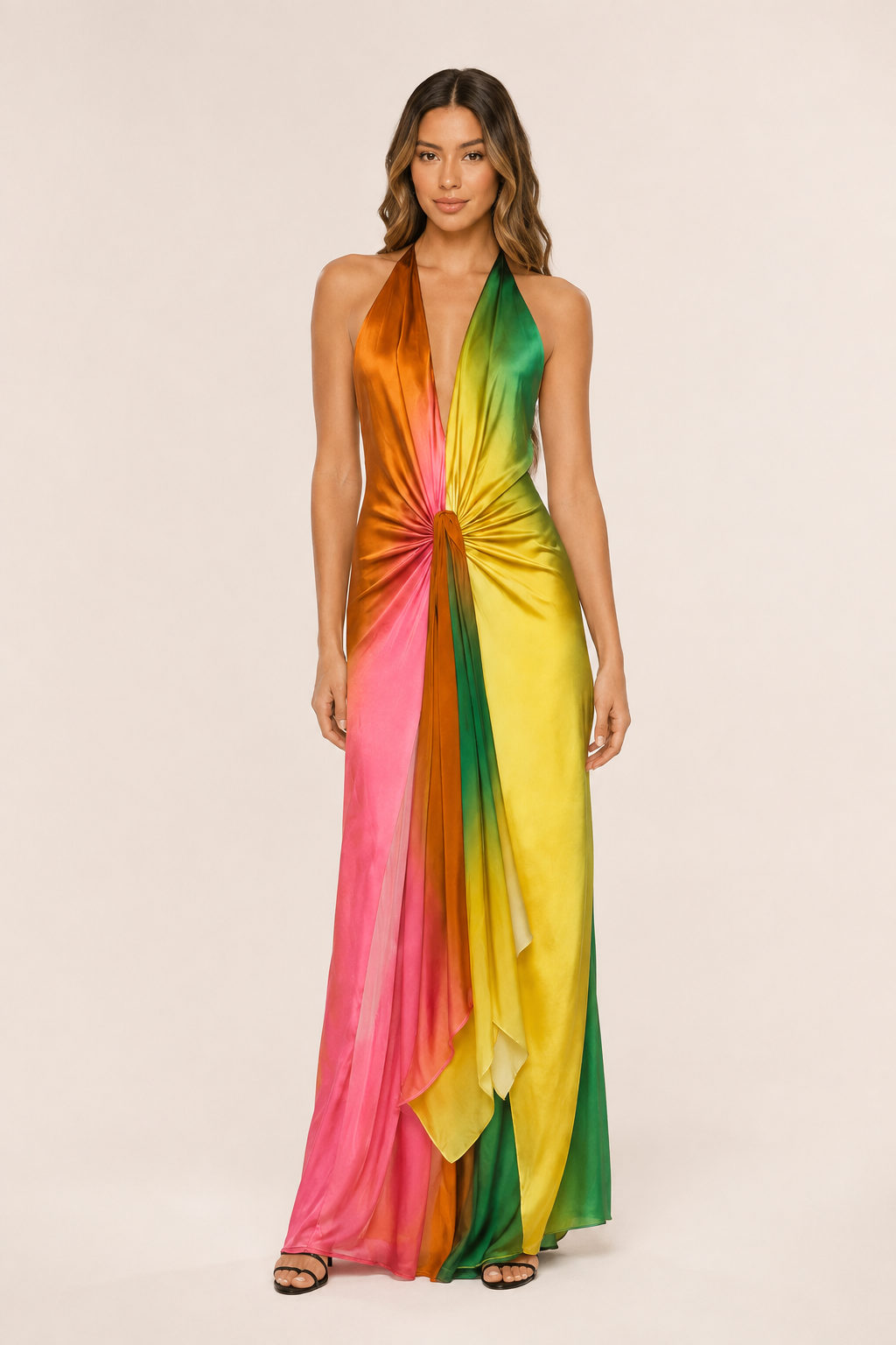 Vestido Feminino Longo Frente Única Tie Dye em Cetim com Nó – Copacabana