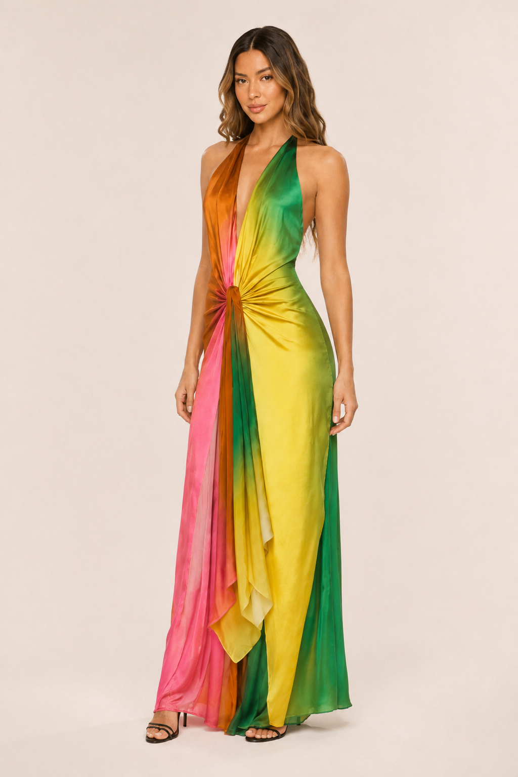 Vestido Feminino Longo Frente Única Tie Dye em Cetim com Nó – Copacabana