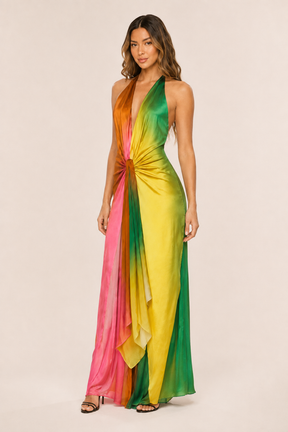 Vestido Feminino Longo Frente Única Tie Dye em Cetim com Nó – Copacabana