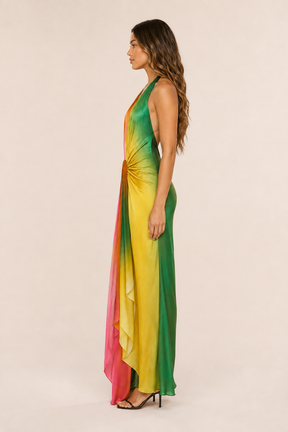 Vestido Feminino Longo Frente Única Tie Dye em Cetim com Nó – Copacabana