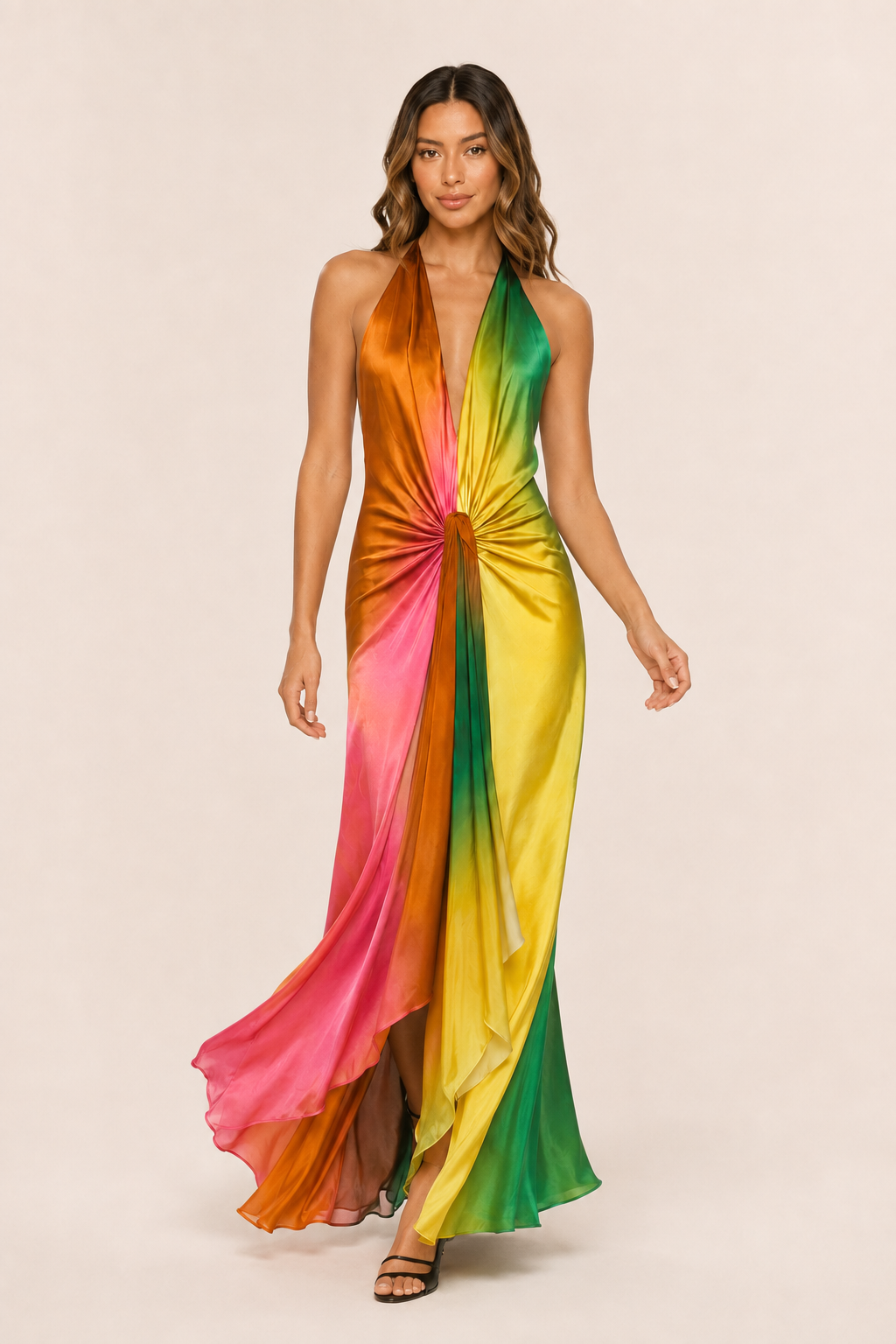 Vestido Feminino Longo Frente Única Tie Dye em Cetim com Nó – Copacabana