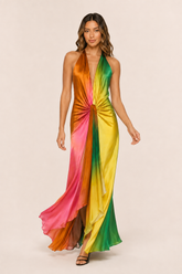Vestido Feminino Longo Frente Única Tie Dye em Cetim com Nó – Copacabana