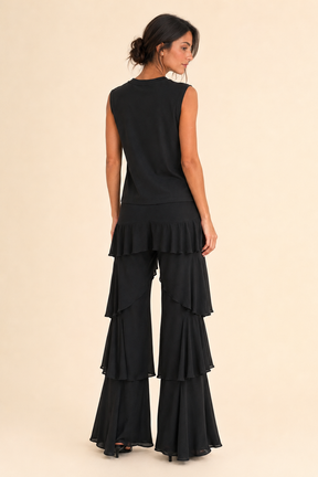Conjunto Feminino Cropped e Calça Pantalona com Babados em Camadas – Noir