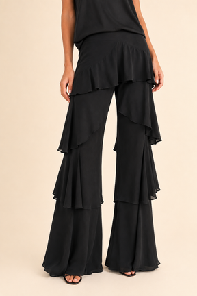 Conjunto Feminino Cropped e Calça Pantalona com Babados em Camadas – Noir