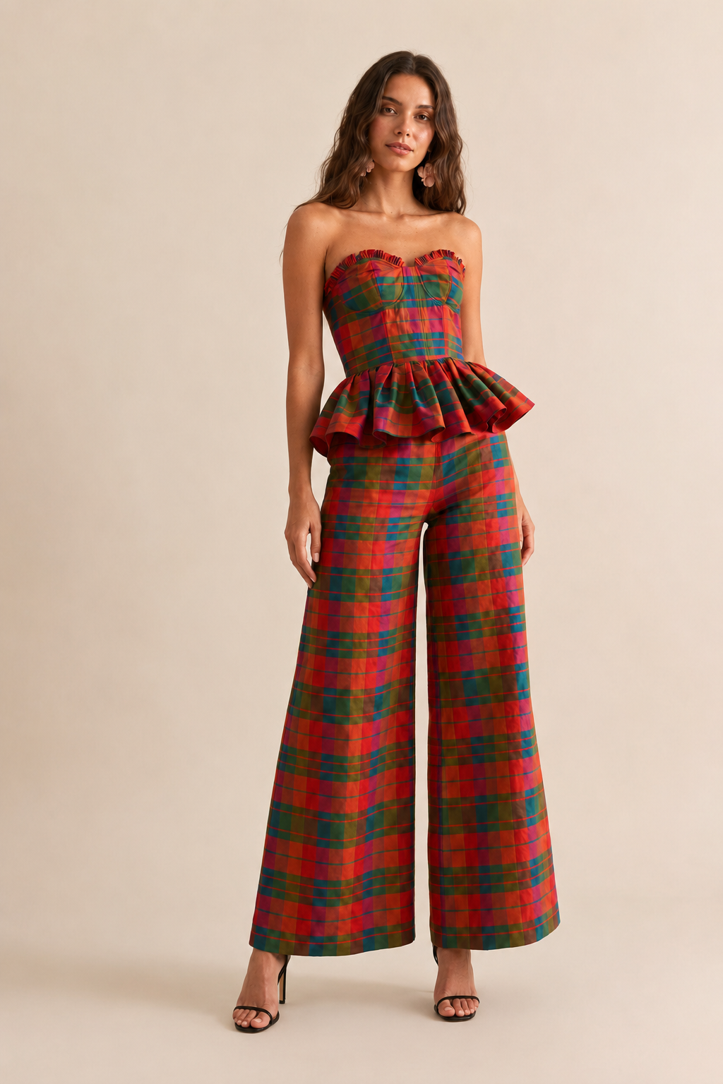Conjunto Xadrez Colorido Top Tomara Que Caia e Calça Pantalona - Julie