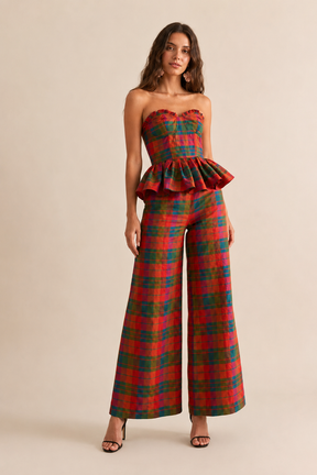 Conjunto Xadrez Colorido Top Tomara Que Caia e Calça Pantalona - Julie