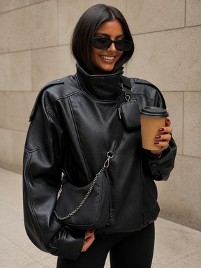 Jaqueta Feminina de Couro Legítimo Oversized Gola Alta – Bruges