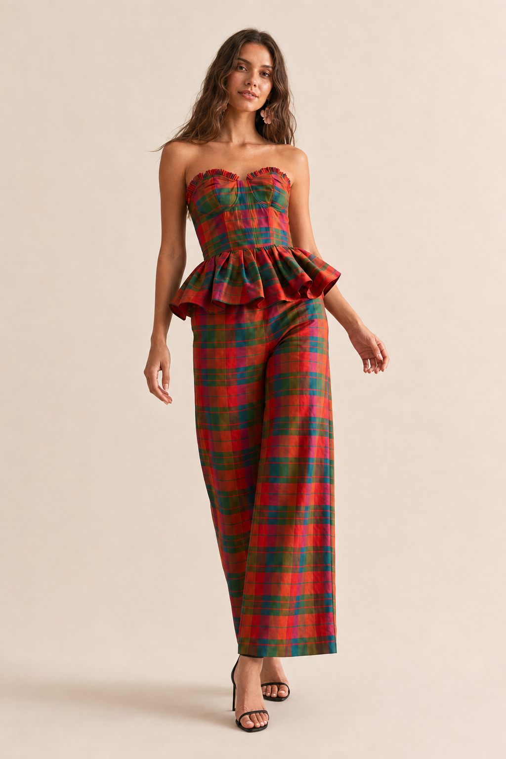 Conjunto Xadrez Colorido Top Tomara Que Caia e Calça Pantalona - Julie