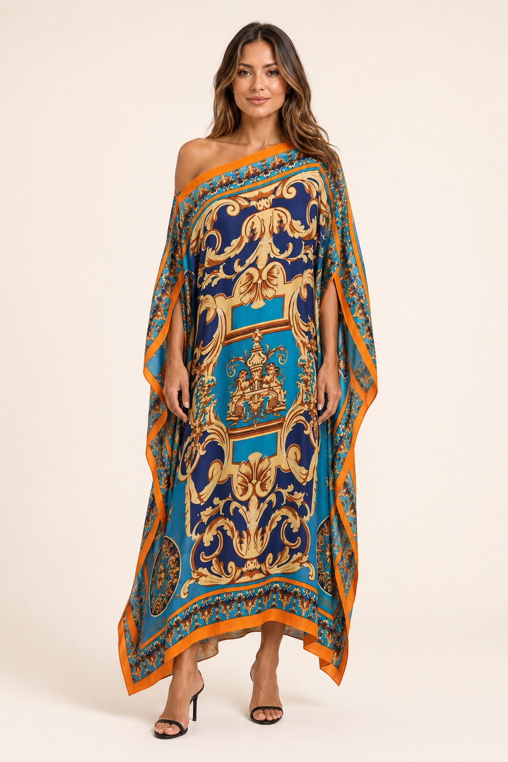Vestido Kaftan Longo Azul e Dourado com Estampa Barroca - Versat