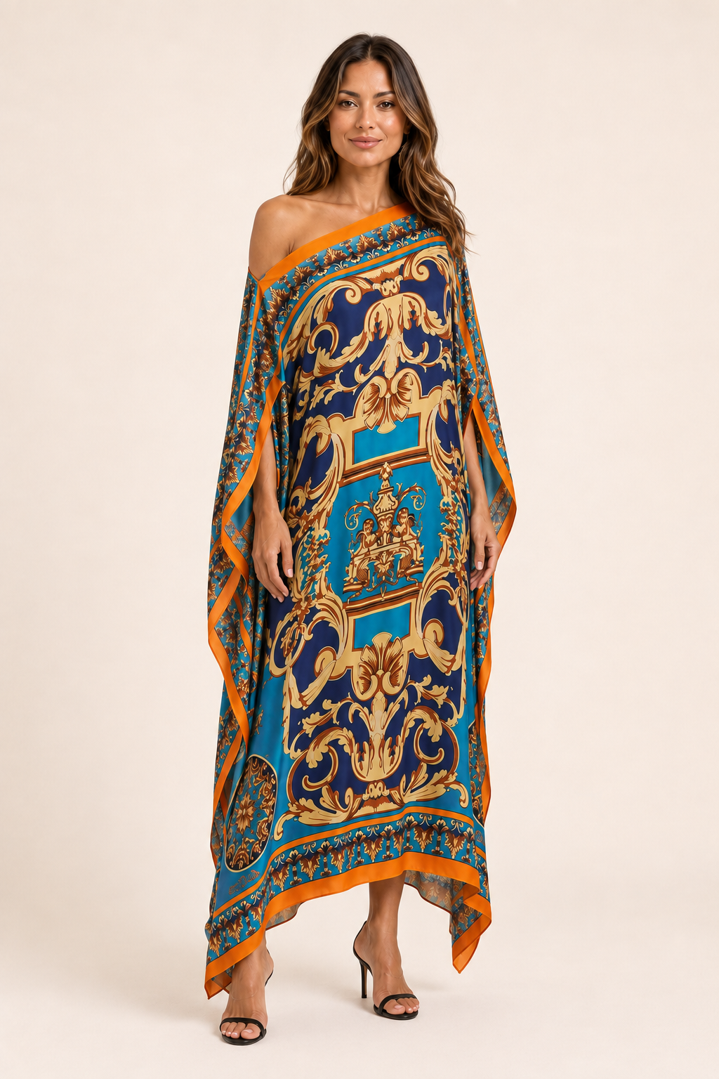 Vestido Kaftan Longo Azul e Dourado com Estampa Barroca - Versat