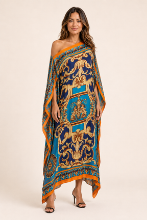 Vestido Kaftan Longo Azul e Dourado com Estampa Barroca - Versat