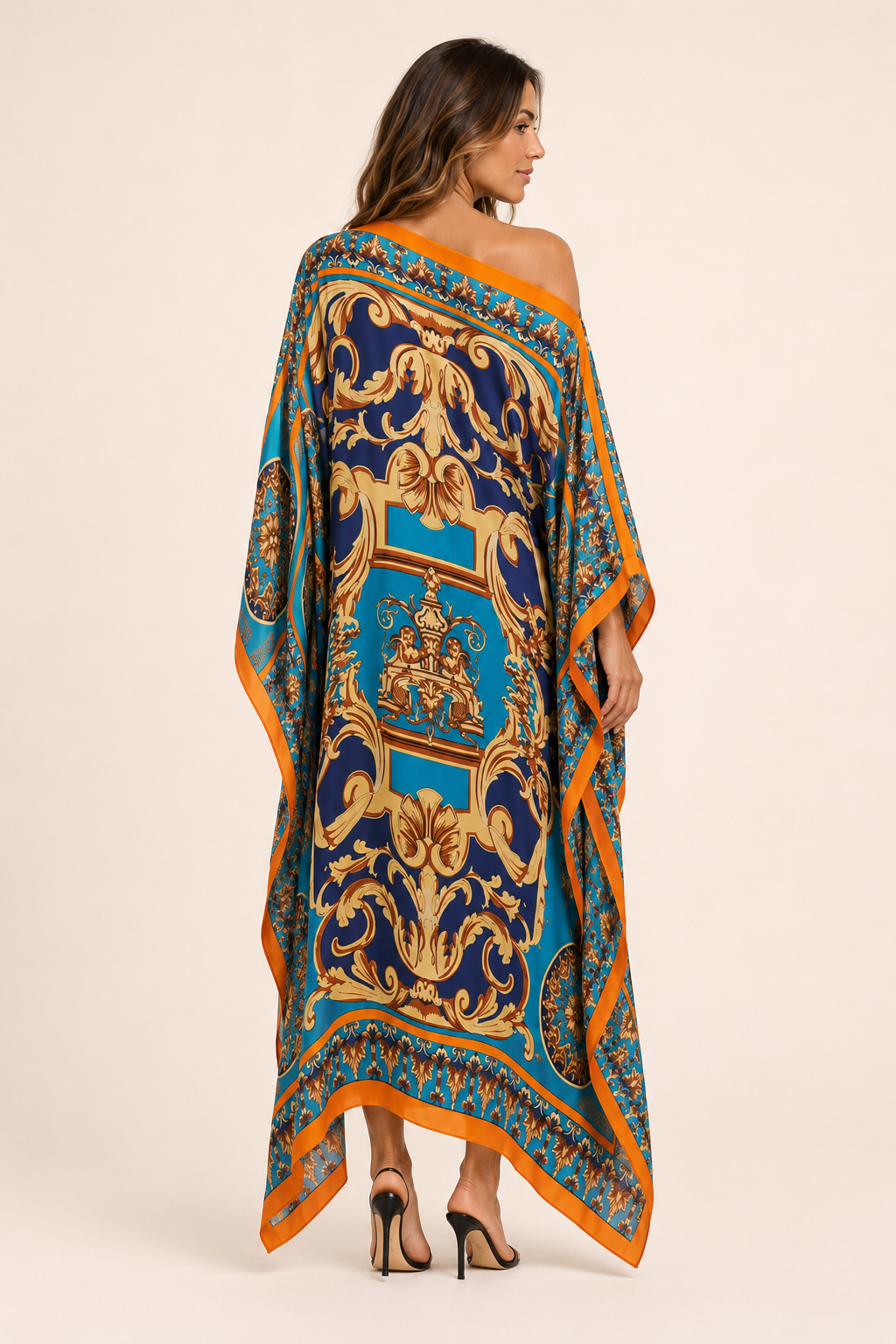 Vestido Kaftan Longo Azul e Dourado com Estampa Barroca - Versat