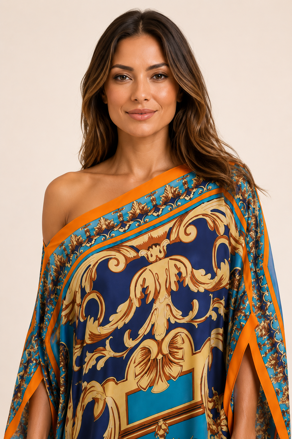 Vestido Kaftan Longo Azul e Dourado com Estampa Barroca - Versat