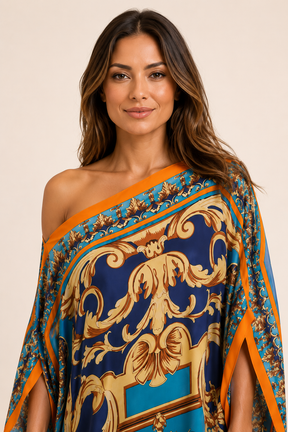 Vestido Kaftan Longo Azul e Dourado com Estampa Barroca - Versat