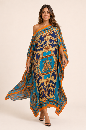 Vestido Kaftan Longo Azul e Dourado com Estampa Barroca - Versat