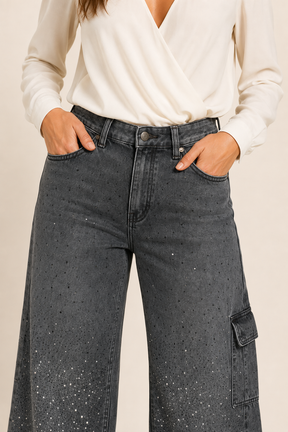 Calça Jeans Wide Leg Carpenter com Brilho - Bruges