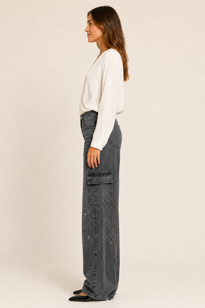 Calça Jeans Wide Leg Carpenter com Brilho - Bruges