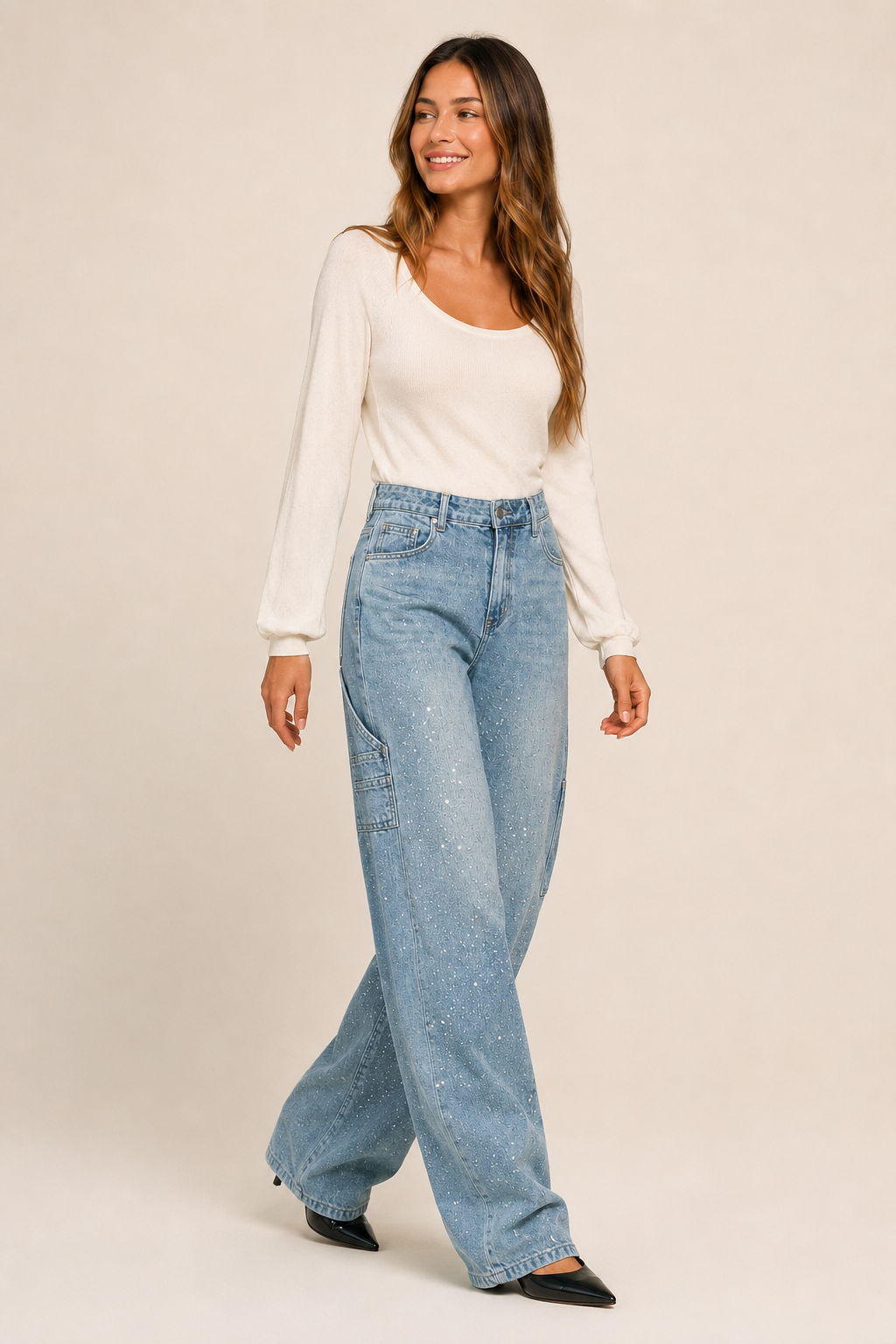Calça Jeans Wide Leg Carpenter com Brilho - Bruges