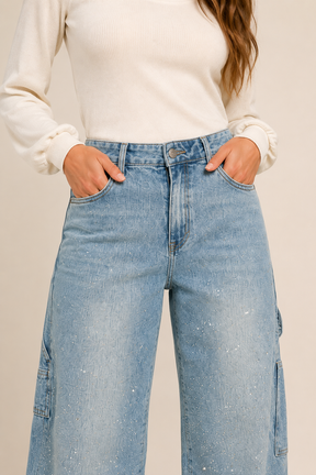 Calça Jeans Wide Leg Carpenter com Brilho - Bruges