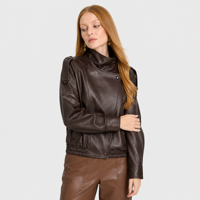 Jaqueta Feminina de Couro Premium Oversized Gola Alta – Bruges