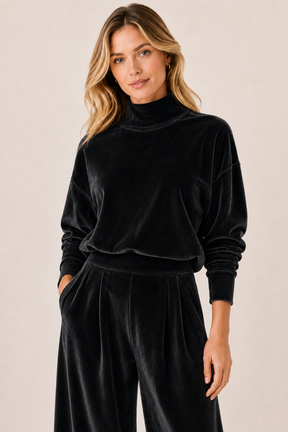 Conjunto Feminino de Veludo Gola Alta com Calça Pantalona – Lucca