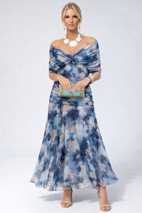 Vestido Feminino Longo Ombro a Ombro Estampado com Franzido – Positano