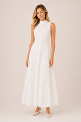 Vestido Feminino Midi de Renda Branco Gola Alta sem Mangas – Florença