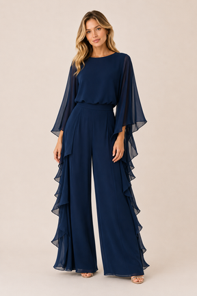 Conjunto Feminino de Festa com Calça e Blusa Manga Flare em Chiffon – Santorini