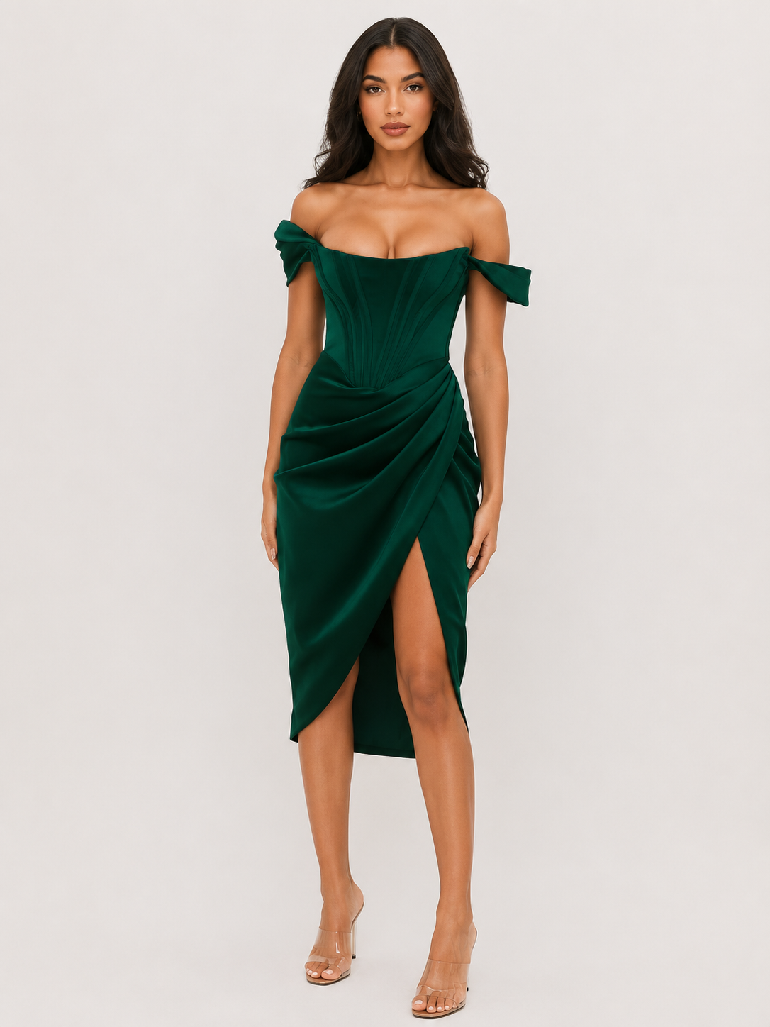 Vestido Feminino Midi de Cetim com Corset e Fenda Ombro a Ombro – Cannes