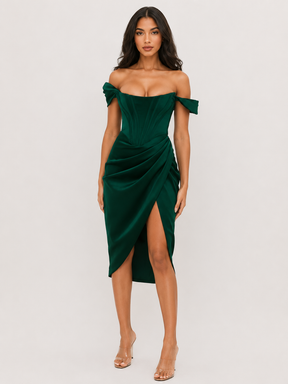 Vestido Feminino Midi de Cetim com Corset e Fenda Ombro a Ombro – Cannes