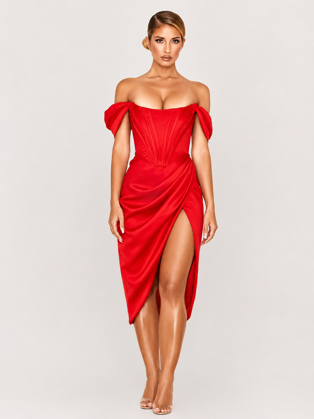 Vestido Feminino Midi de Cetim com Corset e Fenda Ombro a Ombro – Cannes