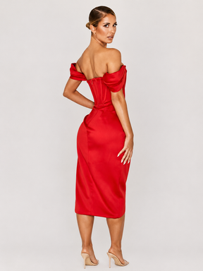 Vestido Feminino Midi de Cetim com Corset e Fenda Ombro a Ombro – Cannes