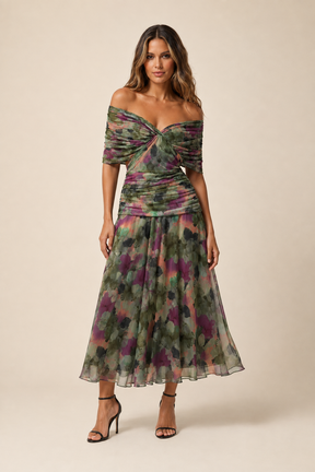 Vestido Feminino Longo Ombro a Ombro Estampado com Franzido – Positano