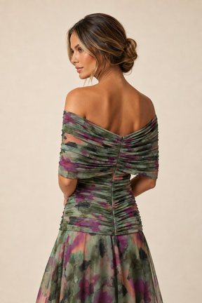 Vestido Feminino Longo Ombro a Ombro Estampado com Franzido – Positano