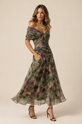 Vestido Feminino Longo Ombro a Ombro Estampado com Franzido – Positano