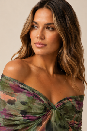 Vestido Feminino Longo Ombro a Ombro Estampado com Franzido – Positano