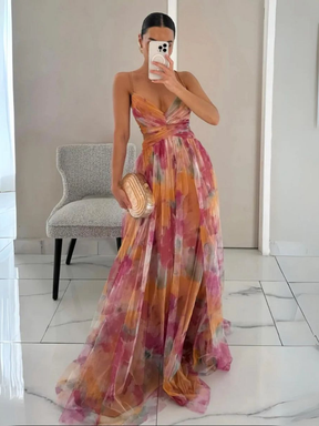 Vestido Feminino Longo Floral de Alcinhas com Decote V – Toscana